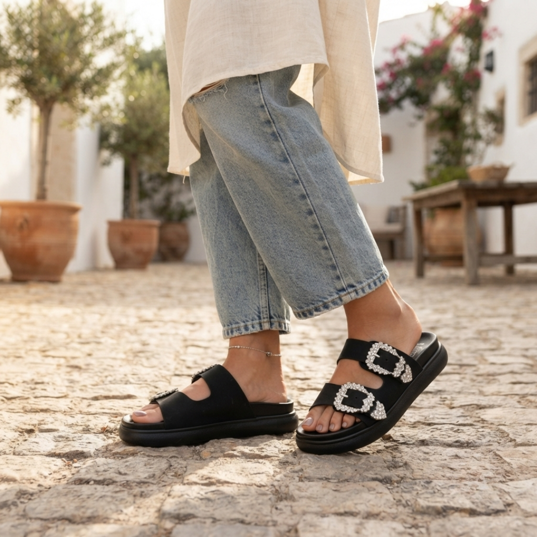 Women’s Rhinestone Double-Buckle Platform Slide Sandals – Fashion Comfort Slip-Ons