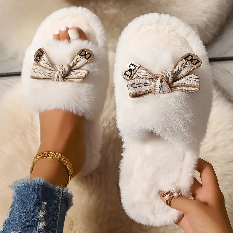 Women's Fluffy Faux Fur Slippers with Cute Bowknot , Comfortable Fabric-Lined Non-Slip EVA