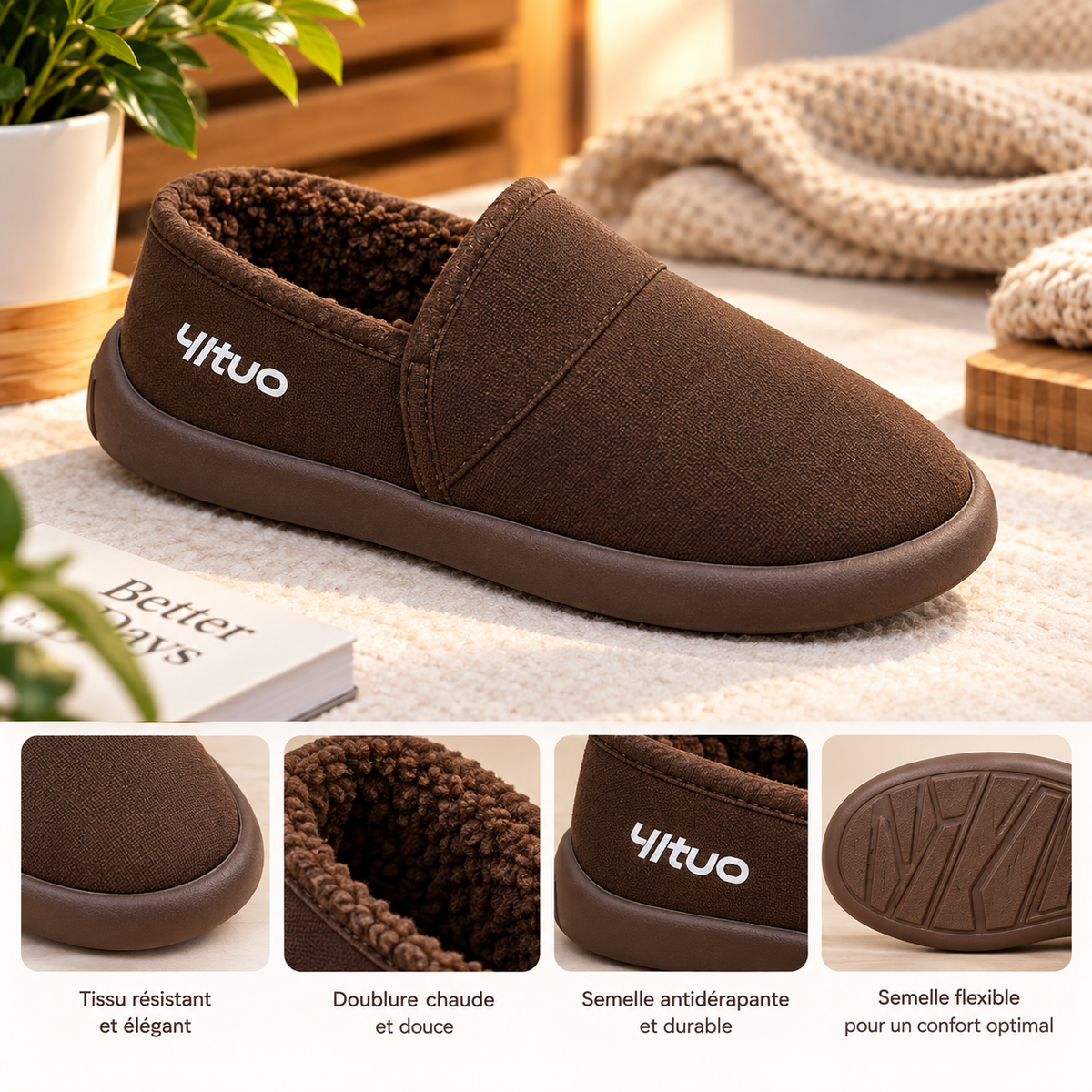 Chaussures d'hiver à enfiler pour femme, camel, doublées de peluche