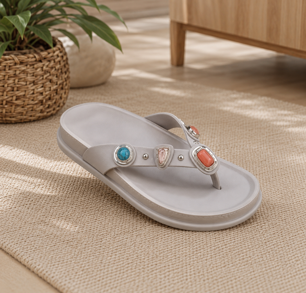 Women's Bohemian Flip Flop Sandals – Rhinestone T-Strap Platform Slides, Lightweight Non-Slip Summer Beach Thong Slippers