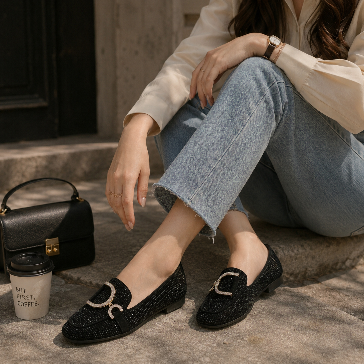 Women’s Rhinestone Embellished Slip-On Loafers – Elegant Comfort Flats
