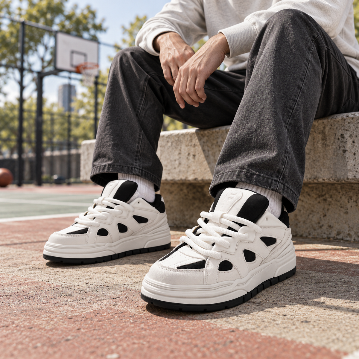 Men’s Urban Chunky Sneakers with Oversized Rope Laces, Layered Panel Details and a Bold Thick Sole for Modern Casual Style