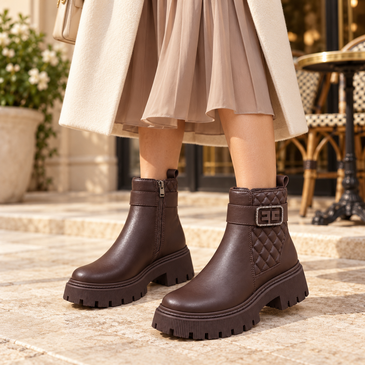 Bottines élégantes matelassées pour femme avec boucle décorative et semelle crantée épaisse