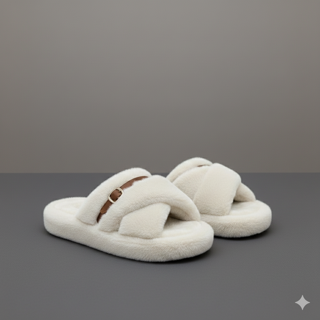 Women's Fuzzy Slippers: Warm, Breathable Open-Toe + Buckle
