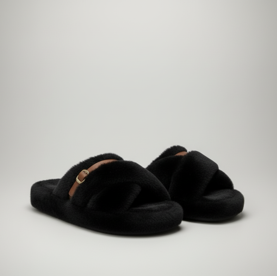Women's Fuzzy Slippers: Warm, Breathable Open-Toe + Buckle