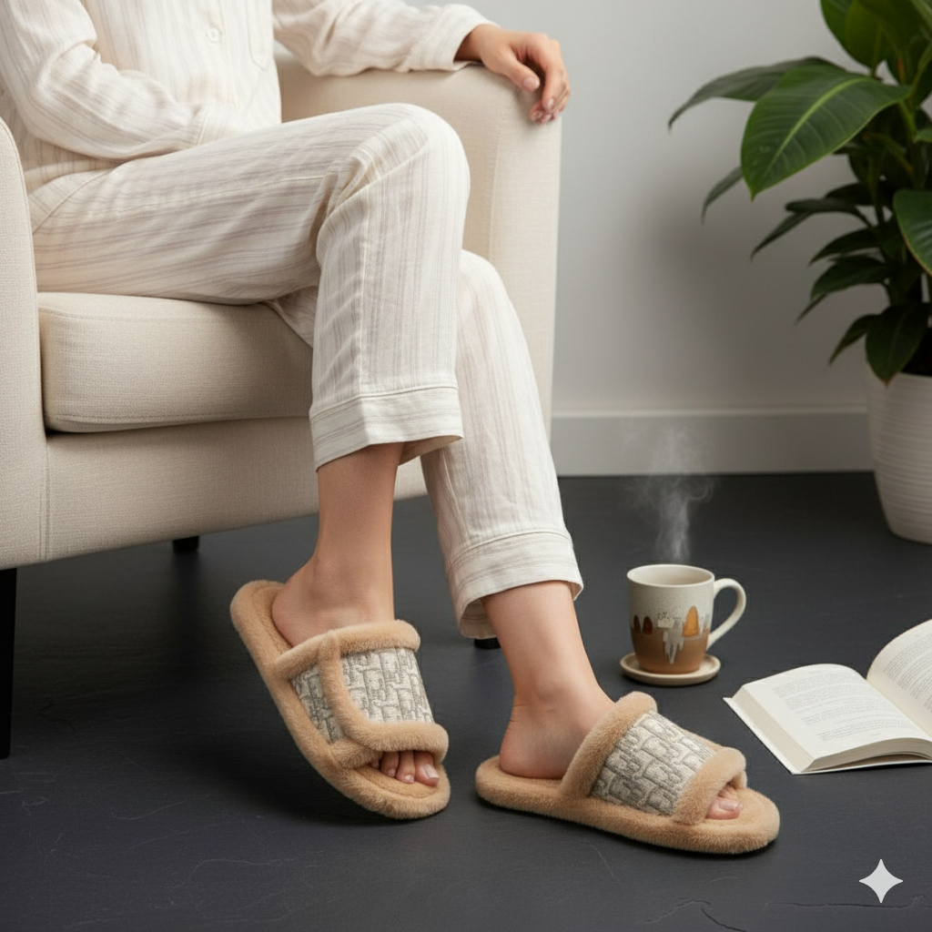 نعال فروية فاخرة بنقشة راقية - نعال منزلية شتوية ناعمة للنساء
