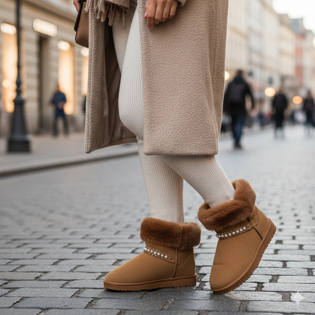 Women’s Cozy Fur Ankle Boots with Pearl Detail – Warm Winter Comfort