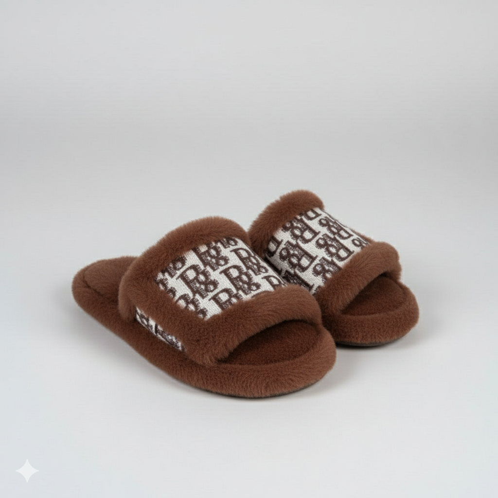 نعال فروية فاخرة بنقشة راقية - نعال منزلية شتوية ناعمة للنساء