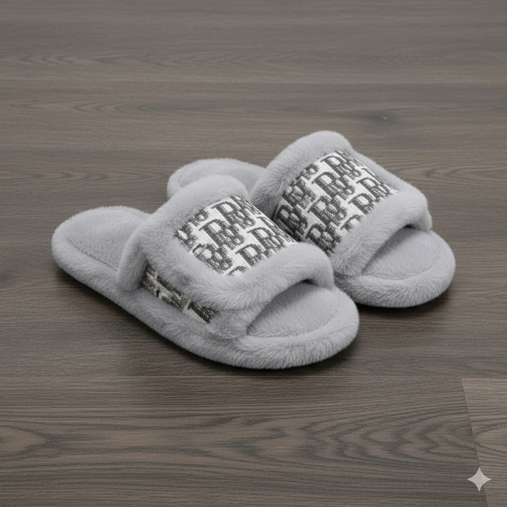 نعال فروية فاخرة بنقشة راقية - نعال منزلية شتوية ناعمة للنساء