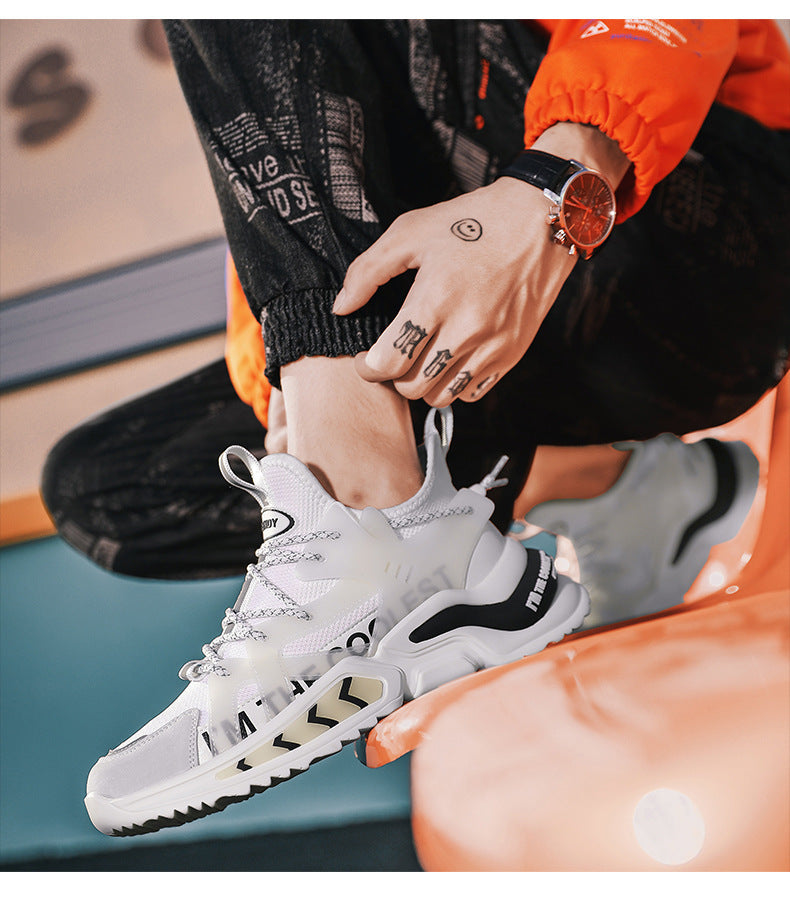 حذاء رجالي كبير الحجم منسوج وجيد التهوية - حذاء رياضي عصري على الطراز الكوري بنعل سميك لزيادة الارتفاع