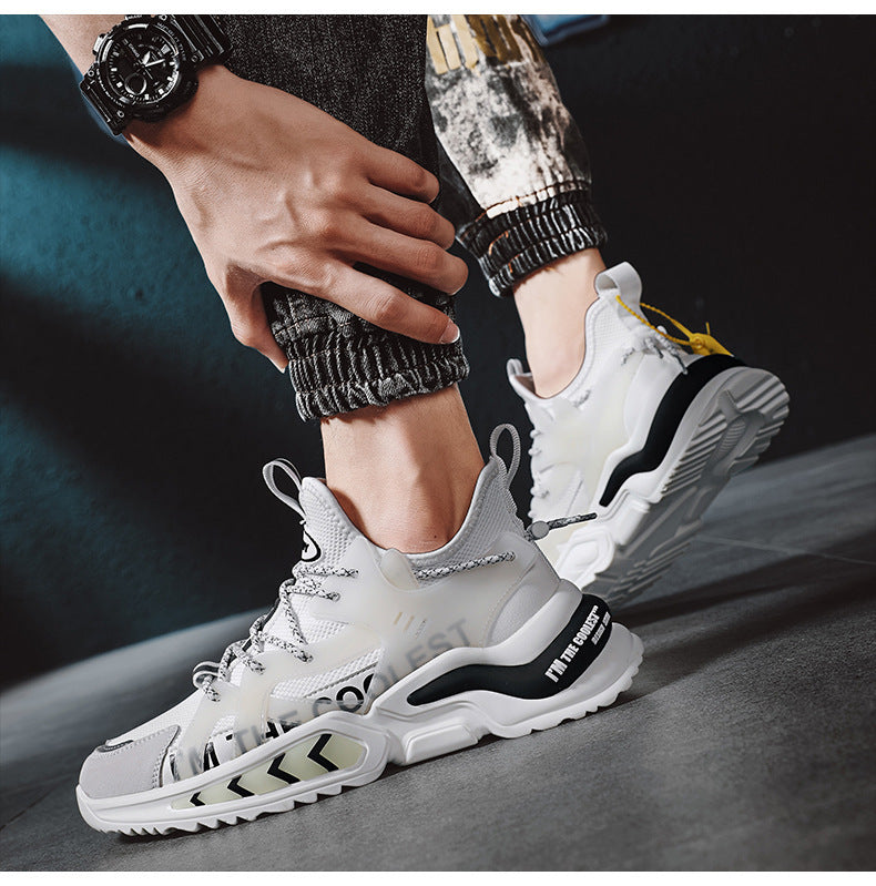 حذاء رجالي كبير الحجم منسوج وجيد التهوية - حذاء رياضي عصري على الطراز الكوري بنعل سميك لزيادة الارتفاع