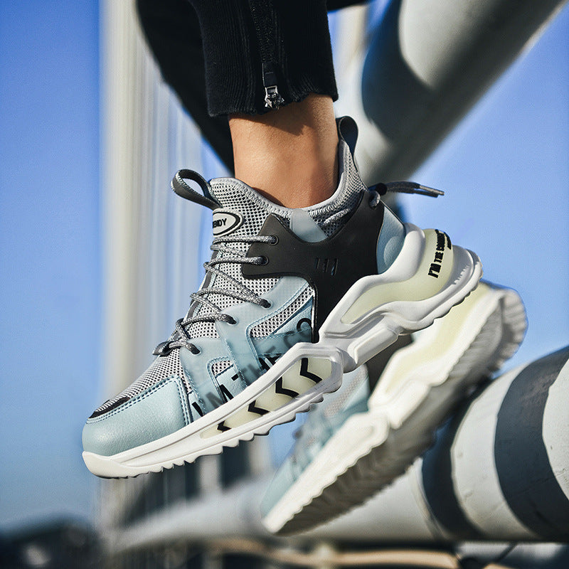 حذاء رجالي كبير الحجم منسوج وجيد التهوية - حذاء رياضي عصري على الطراز الكوري بنعل سميك لزيادة الارتفاع