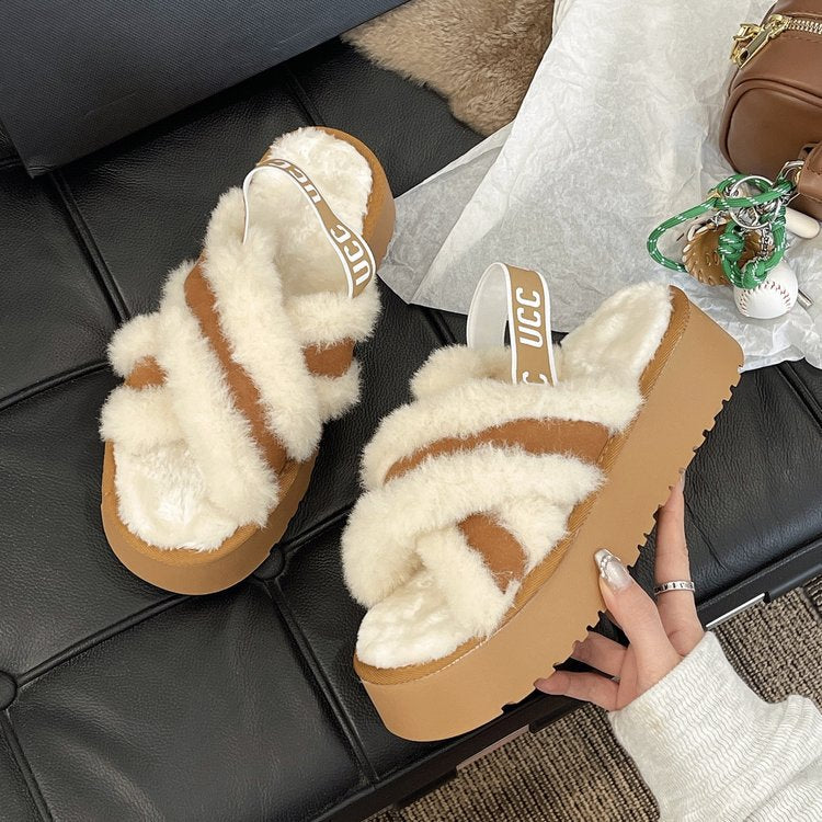 Winter 2024 Fuzzy Cross-Strap Platform Slippers – Cozy Outdoor Faux Fur Sandals for Women