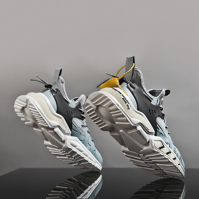 حذاء رجالي كبير الحجم منسوج وجيد التهوية - حذاء رياضي عصري على الطراز الكوري بنعل سميك لزيادة الارتفاع