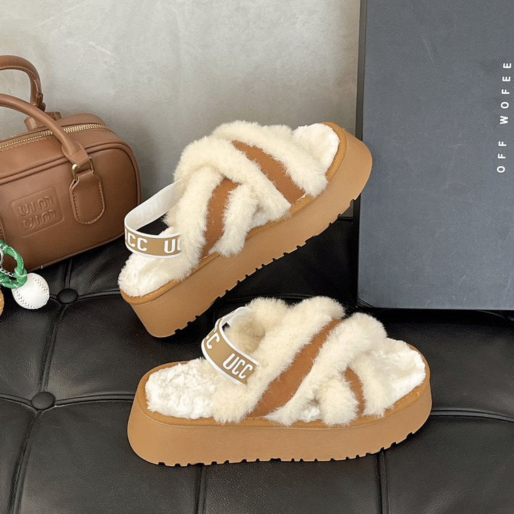 Winter 2024 Fuzzy Cross-Strap Platform Slippers – Cozy Outdoor Faux Fur Sandals for Women