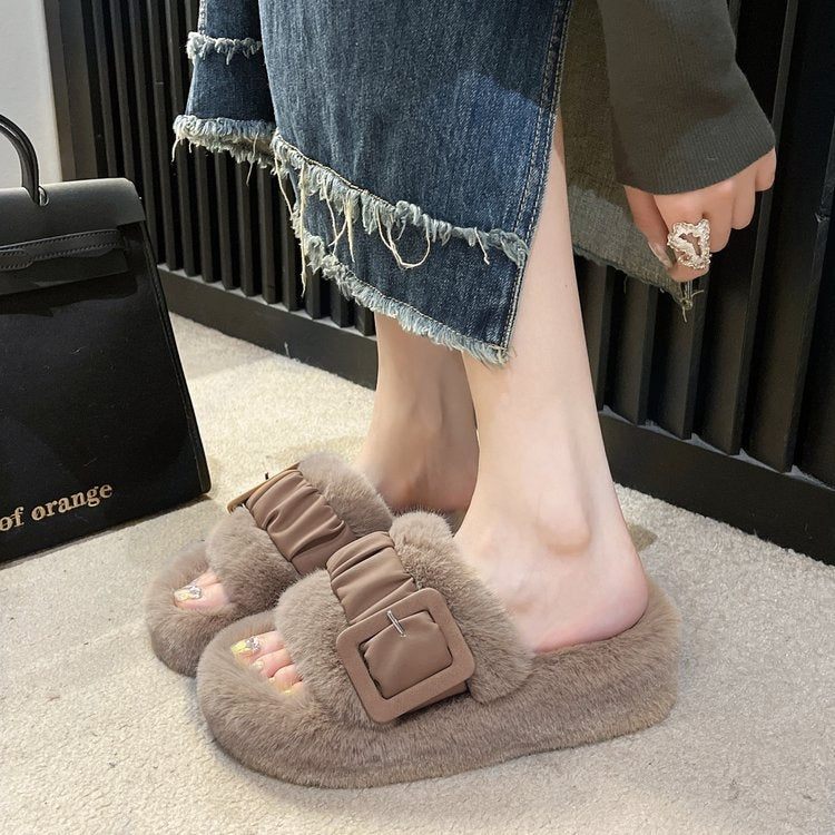 نعال نسائية من الفرو بقاع سميك لخريف وشتاء 2024 - أحذية داخلية عصرية تناسب جميع الأذواق