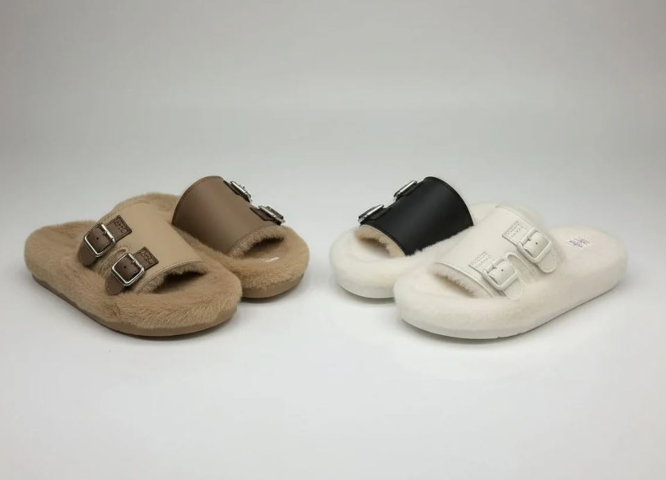 شبشب نسائي بكعب سميك من الفرو - شباشب دافئة جديدة من القطن الناعم ذات قاعدة سميكة للاستخدام الخارجي