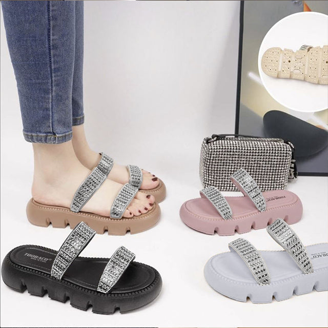 صندل ويدج كريستال للنساء صيف 2024 - نعل سميك مزين بالكريستال