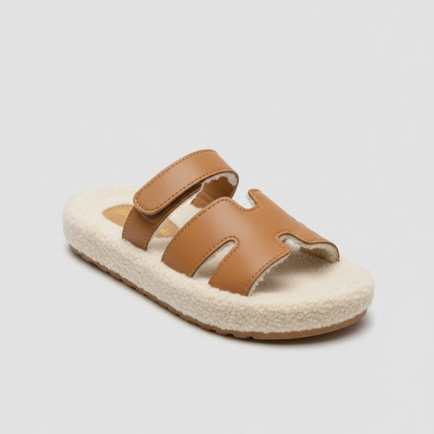 Women’s faux-leather two-strap sherpa slides — Product image: