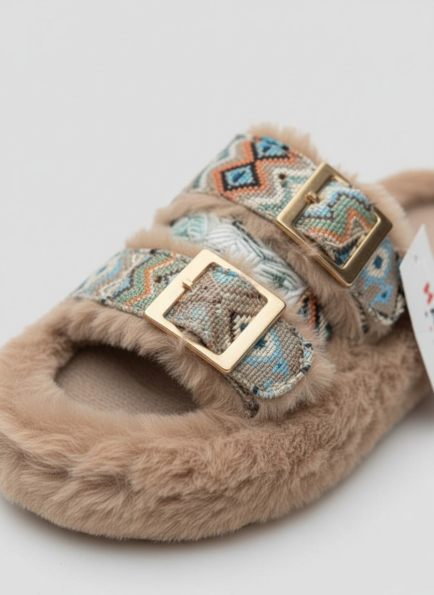 Women’s faux‑fur double‑buckle slide slippers — Product image: