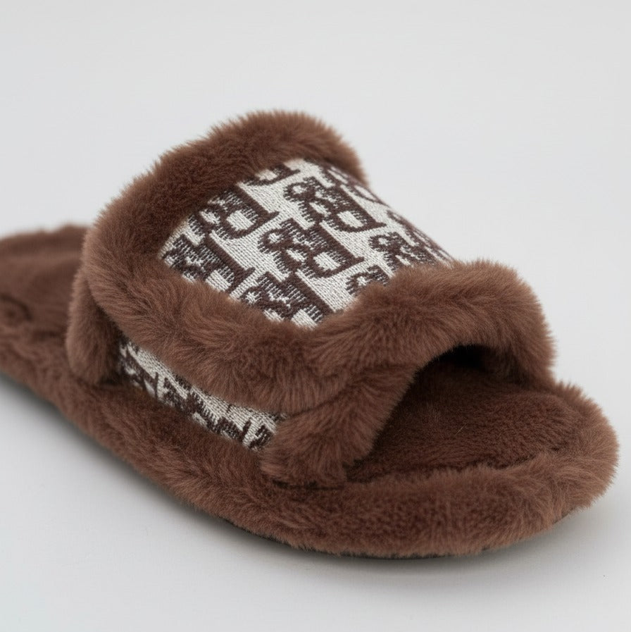 Women’s Plush Open-Toe Slide Slippers with Patterned Strap — Product image: