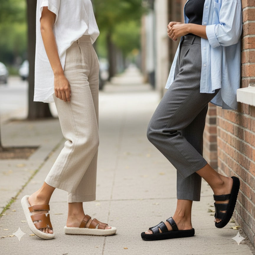Women’s faux-leather two-strap sherpa slides — Product image: