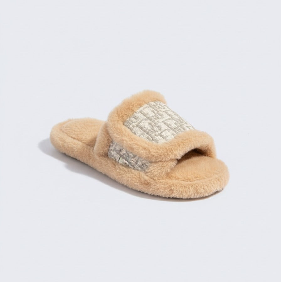 Women’s Plush Open-Toe Slide Slippers with Patterned Strap — Product image: