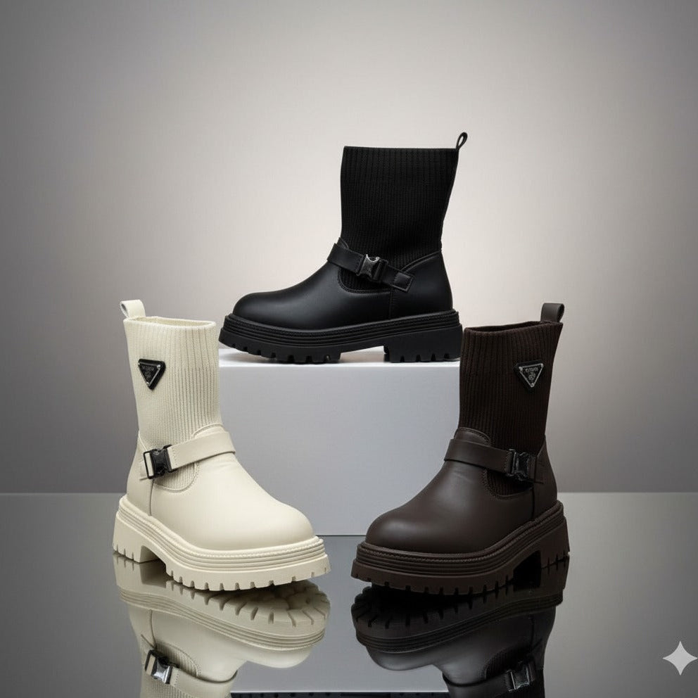 Women's lug-sole sock boots with buckle — Product image: