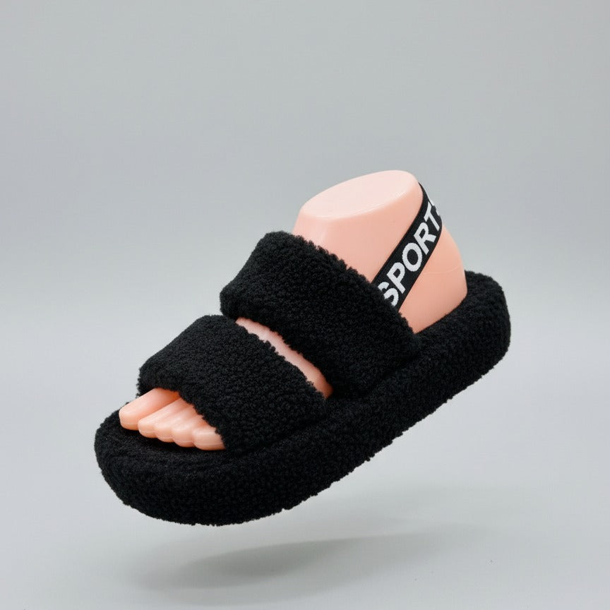 Women’s Fuzzy Double‑Strap Platform Sandals with Heel Strap — Product image: