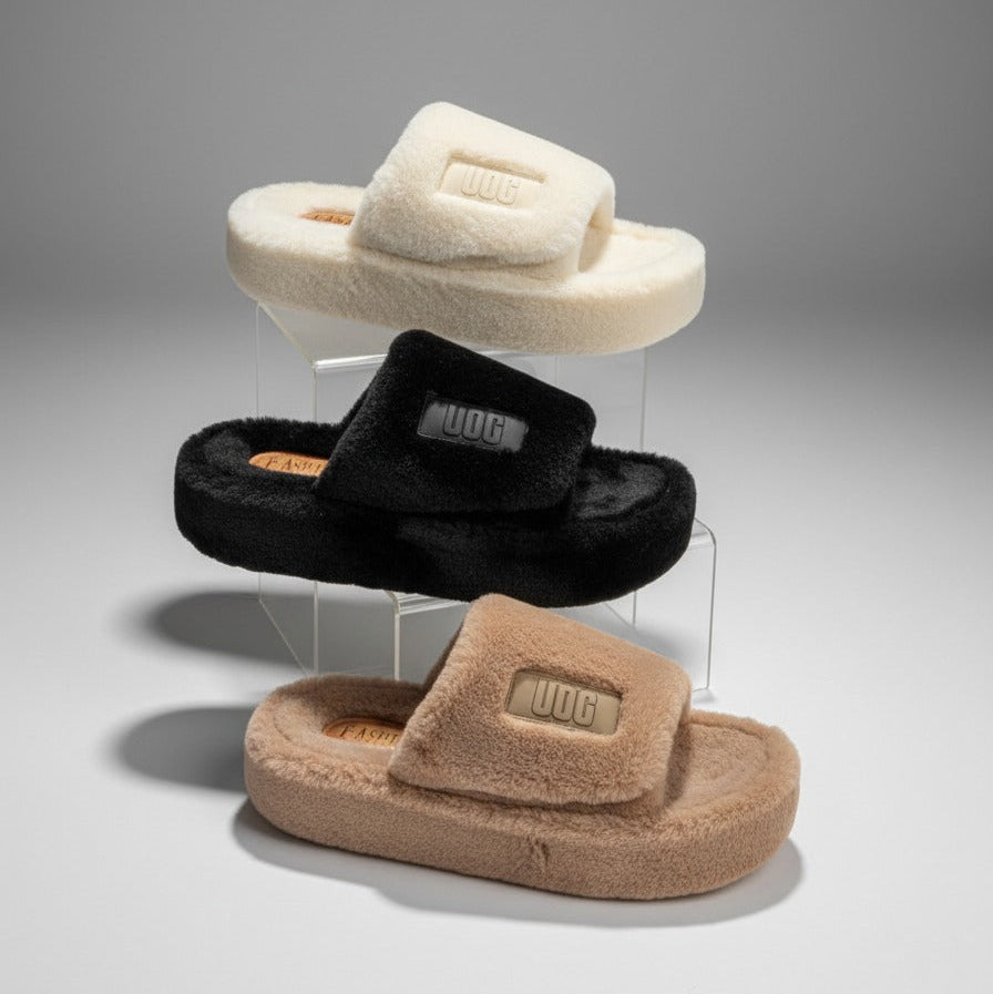 Women's Plush Faux Fur Platform Slide Slippers — Product image: