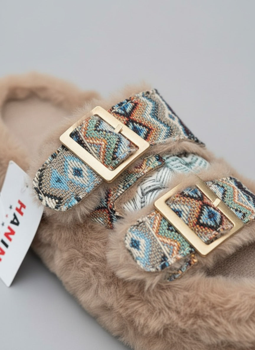 Women’s faux‑fur double‑buckle slide slippers — Product image: