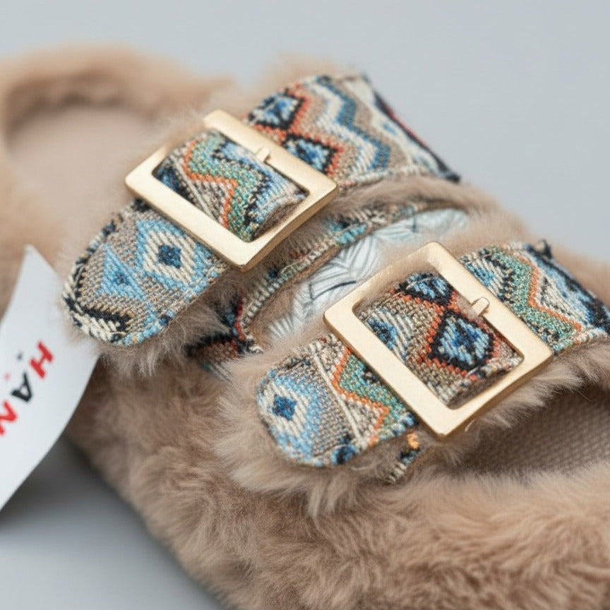 Women’s faux‑fur double‑buckle slide slippers — Product image: