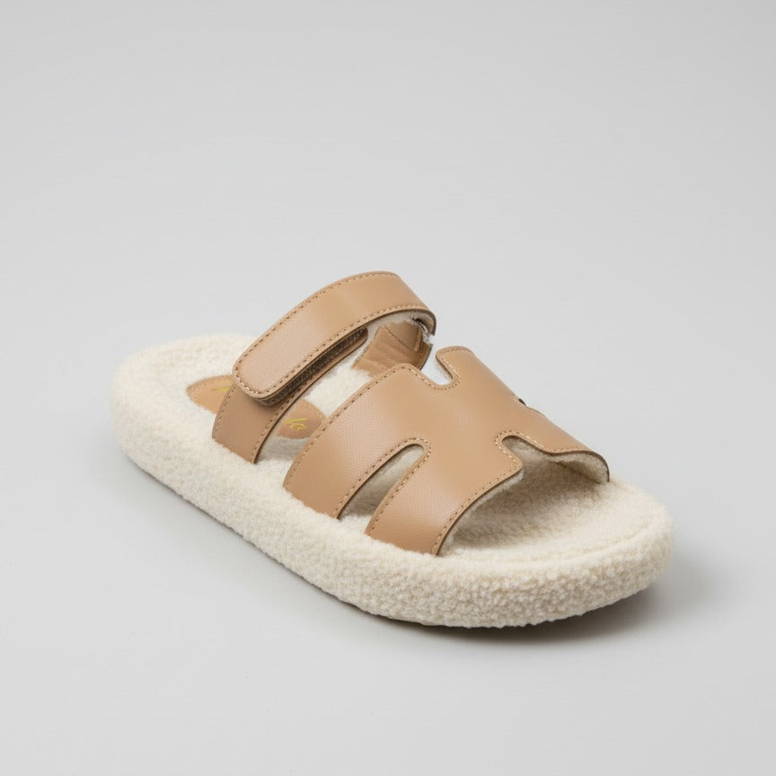 Women’s faux-leather two-strap sherpa slides — Product image: