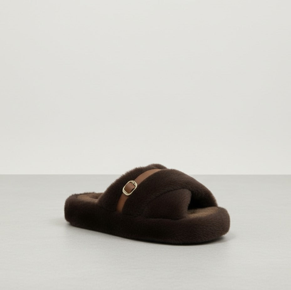 Women’s Fuzzy Cross-Band Slide Slippers with Buckle — Product image: