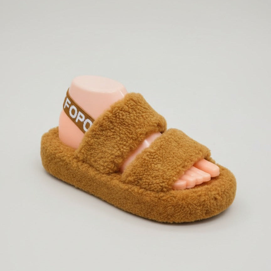 Women’s Fuzzy Double‑Strap Platform Sandals with Heel Strap — Product image: