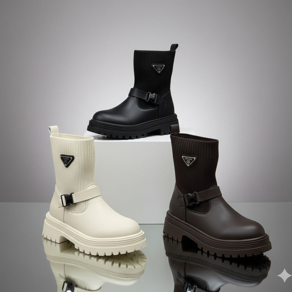 Women's lug-sole sock boots with buckle — Product image: