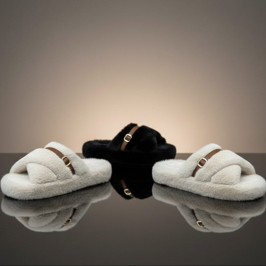Women’s Fuzzy Cross-Band Slide Slippers with Buckle — Product image: