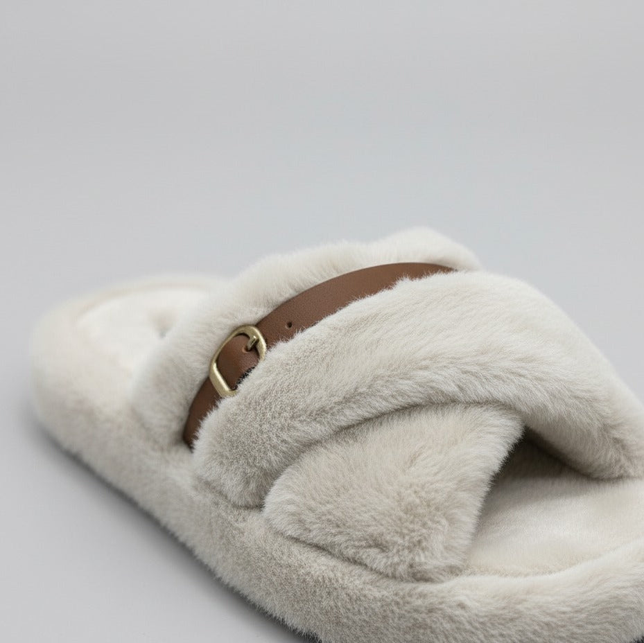 Women’s Fuzzy Cross-Band Slide Slippers with Buckle — Product image:
