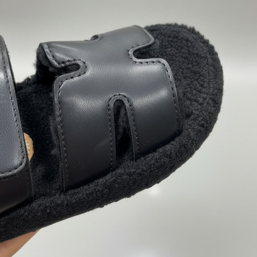 Women’s faux-leather two-strap sherpa slides — Product image:
