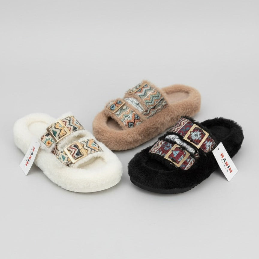 Women’s faux‑fur double‑buckle slide slippers — Product image:
