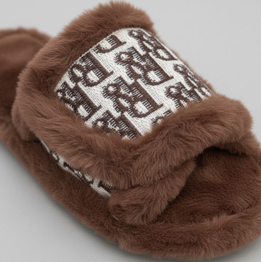 Women’s Plush Open-Toe Slide Slippers with Patterned Strap — Product image: