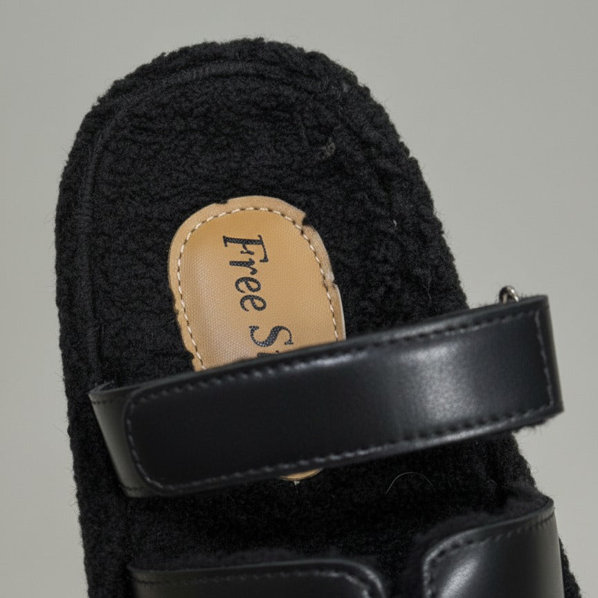 Women’s faux-leather two-strap sherpa slides — Product image: