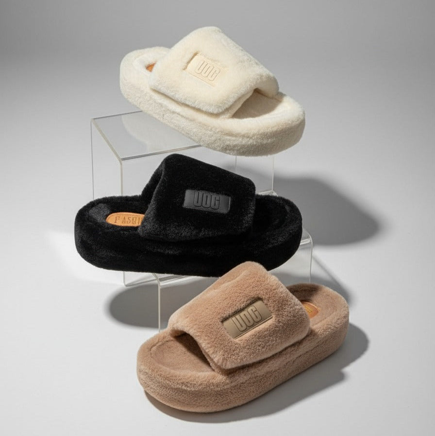 Women's Plush Faux Fur Platform Slide Slippers — Product image: