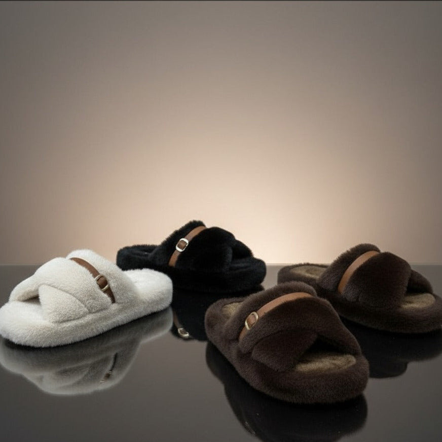 Women’s Fuzzy Cross-Band Slide Slippers with Buckle — Product image: