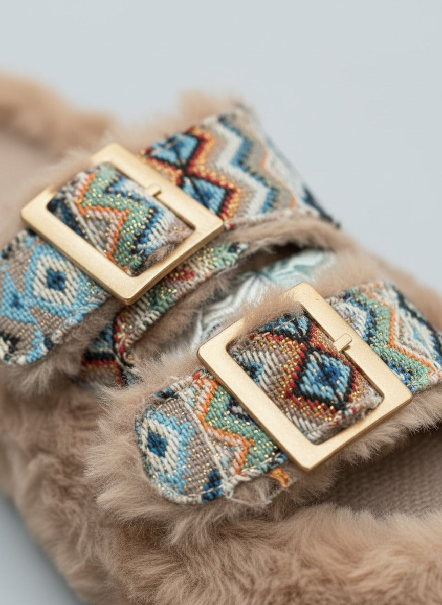 Women’s faux‑fur double‑buckle slide slippers — Product image: