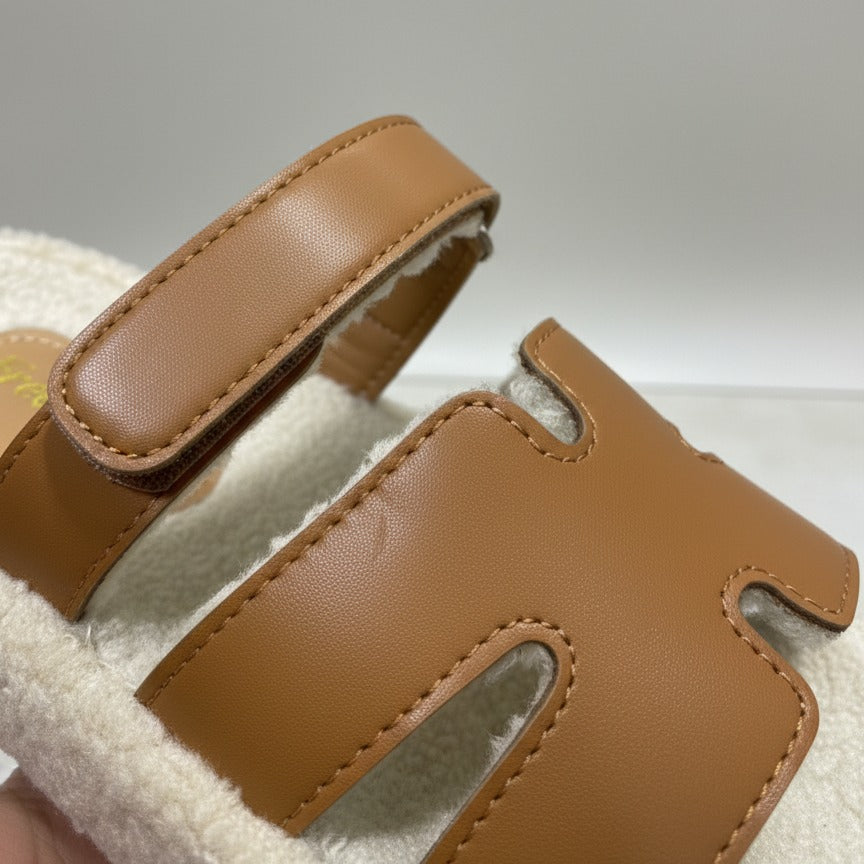 Women’s faux-leather two-strap sherpa slides — Product image:
