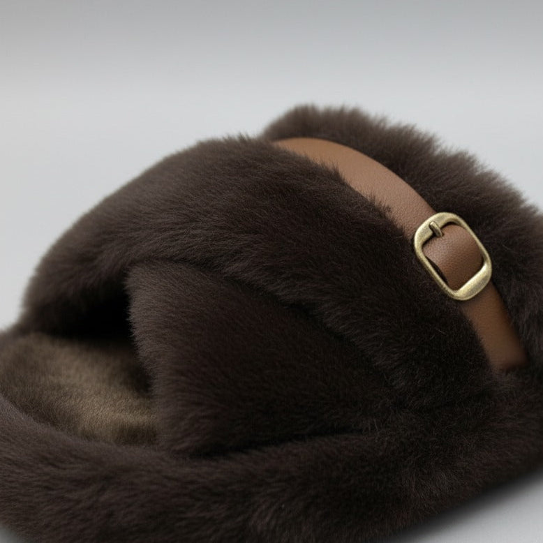 Women’s Fuzzy Cross-Band Slide Slippers with Buckle — Product image: