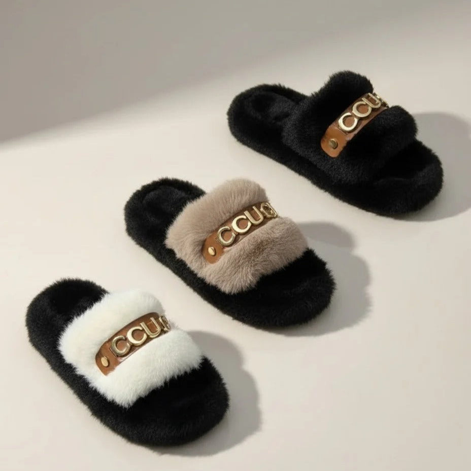أحذية منزلية نسائية من الفرو الناعم - تدفق هواء دافئ، حزام مبطن