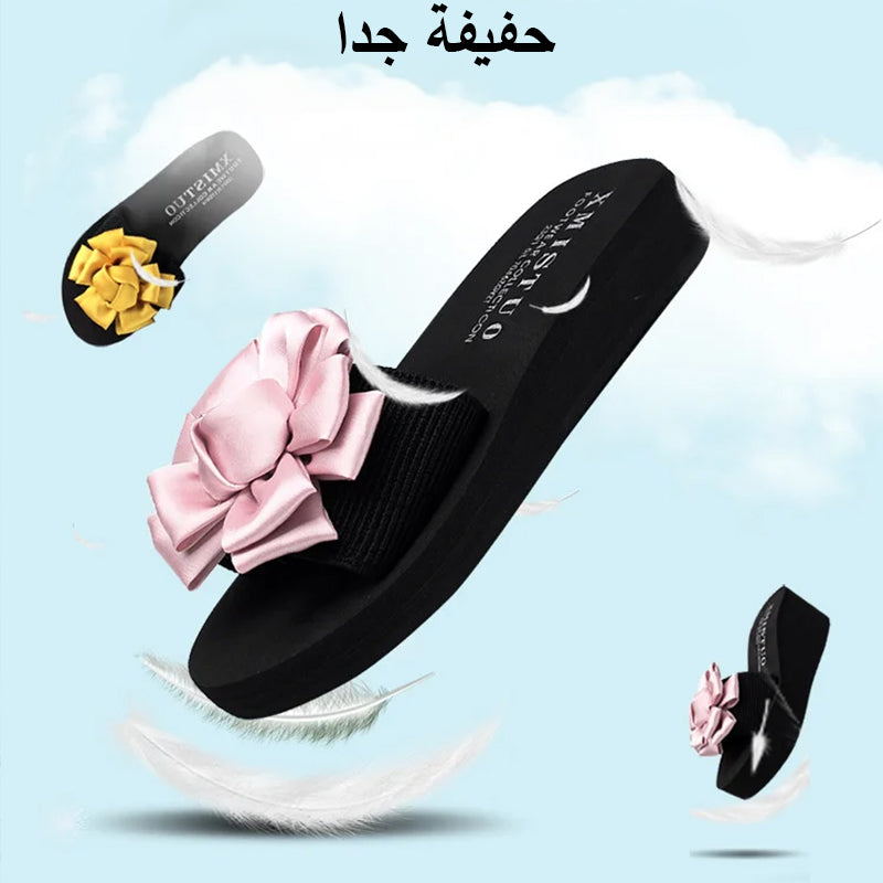 شبشب شاطئ كاجوال للسيدات لعام 2024: صنادل بكعب عريض 3 سم مع زهرة كبيرة