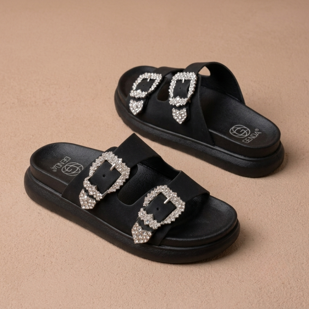 Women’s Rhinestone Double-Buckle Platform Slide Sandals – Fashion Comfort Slip-Ons